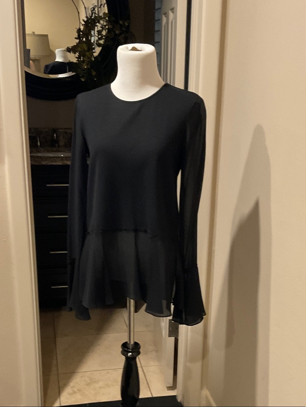Theory Black Long-Sleeve Ruffle Hem Blouse